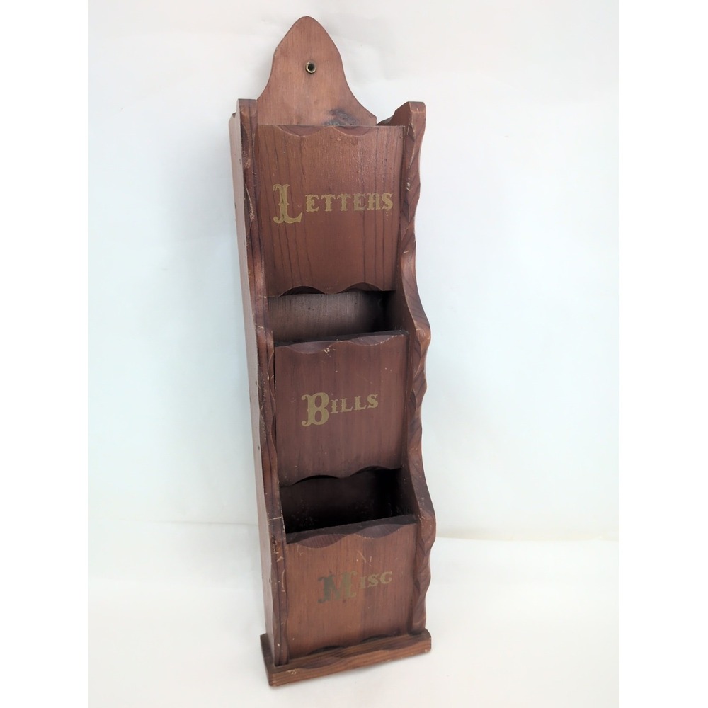 VTG Carved Wood Mail Holder Wall Kitchen Rack 3 Tier Letter Sorter Cottagecore